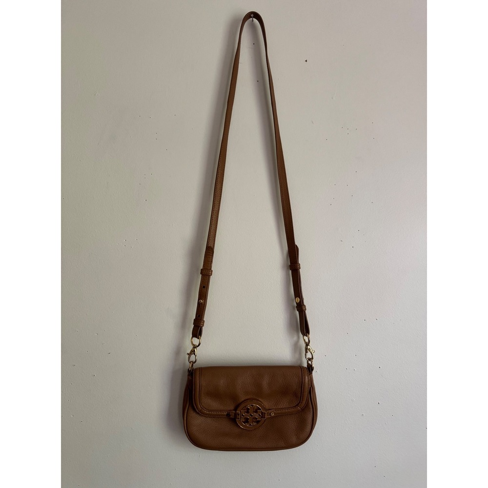 Tory Burch Reva Mini Crossbody Bag Brown Pebbled Leather Gold Logo Tan - Picture 2 of 6